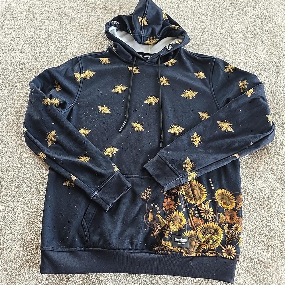 Fresh Hoods Golden Bee Fleece Hoodie Sweatshirt All-Over Bee Print Men's Size M